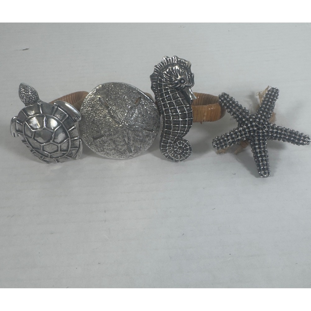 Coastal Napkin Rings Set 4 Brown Silver Pewter Good Sea Life Rattan Metal